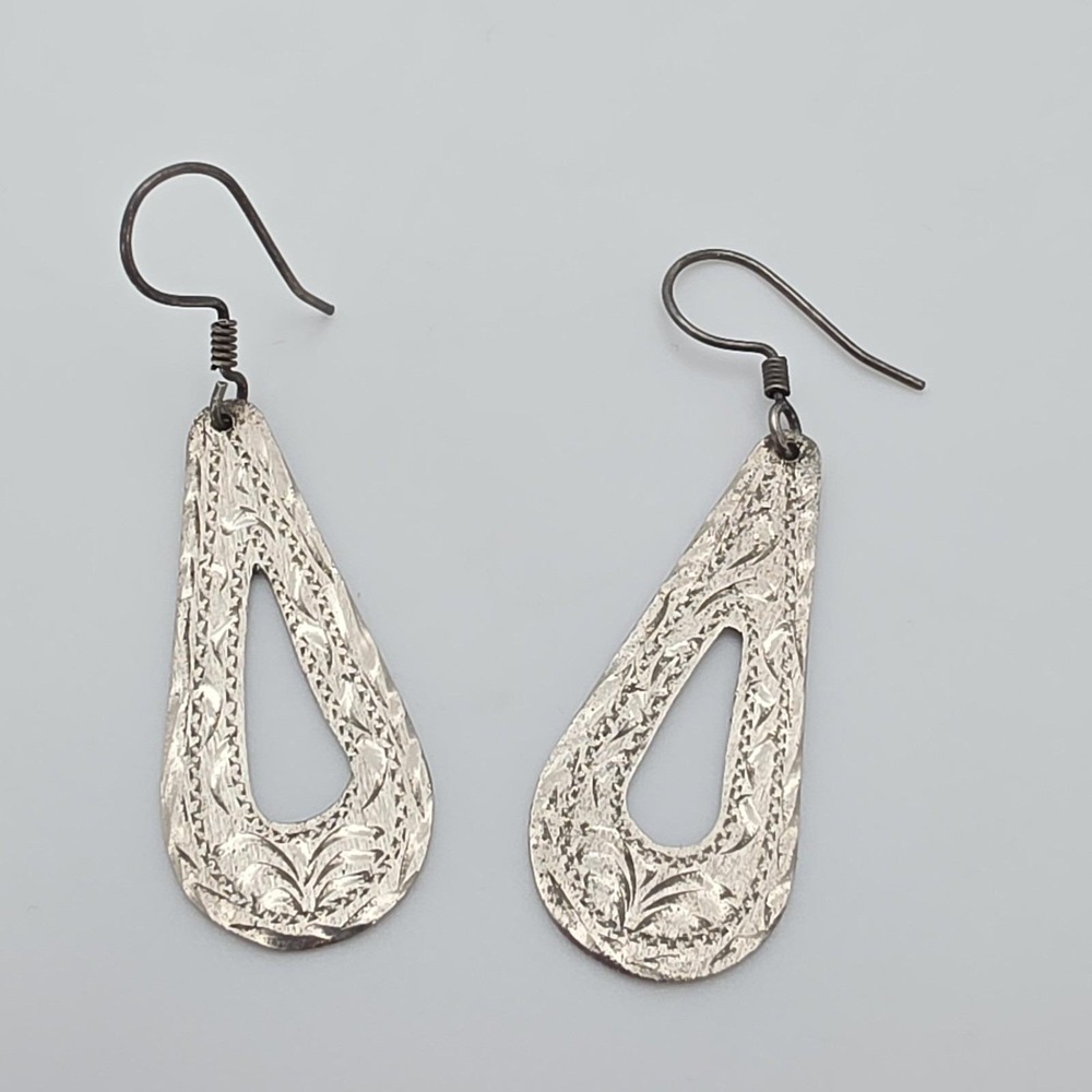 Vintage ALPACA‎ MEXICO Earrings 925 Sterling Silver Teardrop Diamond Cut Designs